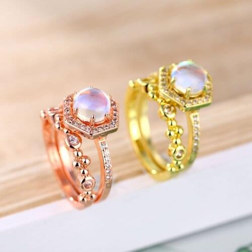 VKME S925 ring / set New ring real plated 24k inlaid moonstone ring trend jewelry female ring set
