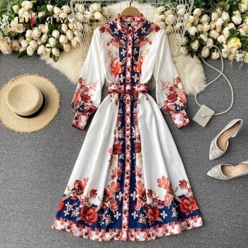 Lusumily Spring Summer Womens Vintage Dress Floral Print Stand Collar Midi Long Party Women Elastic Waist Vestido Dresses