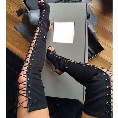 Fashionable Black Suede Leather Lace-Up Over-the-Knee Boots Gold Metal Heel Tight High Gladiator Sandals Boots Cut-out Back