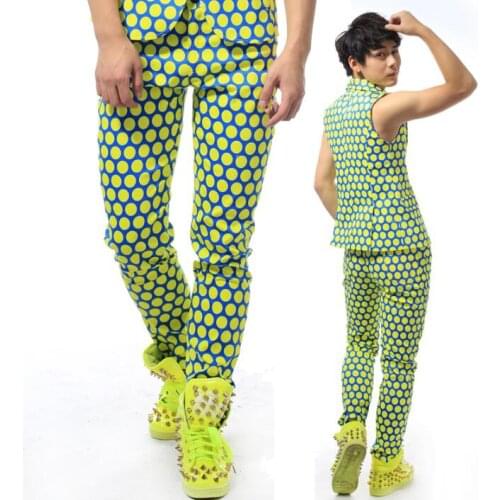 Stage personality men pants polka dot harem pant men feet trousers singer dance pantalon homme street european novelty