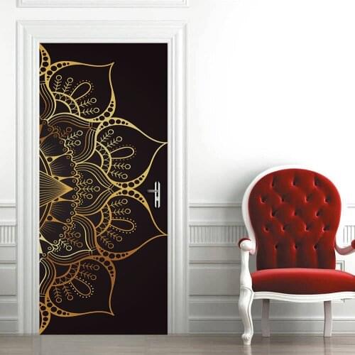 Black & Gold Mandala Pattern Door Sticker Bedroom Living Room Decor Wall Stickers Peel & Stick Removable PVC Art Mural Poster