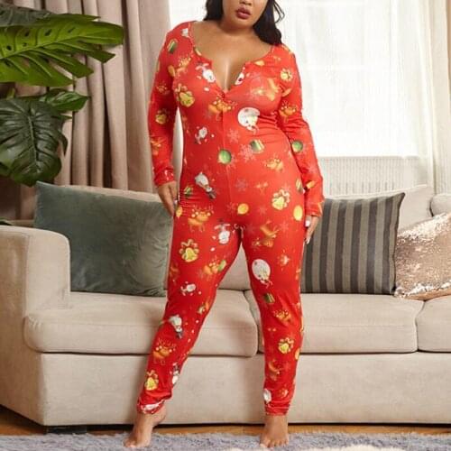 Kigurumi Single Breasted Santa Print Lingerie Onesies For Adults New Year Eve Christmas Sexy Sleepwear Long Romper Pajamas Plus