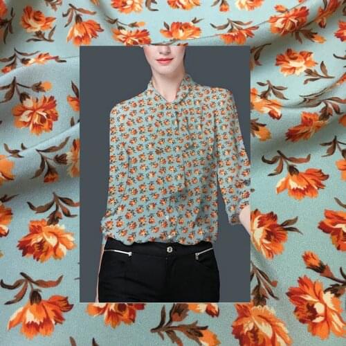 Orange small floral digital printing mint green elastic crepe de chine natural mulberry silk haute couture fabric dress sewing