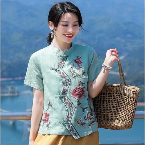 Plus Size 3XL 4XL Mandarin Collar Traditional Shirt Chinese Women Blouse Novelty Stage Performance Clothing Red Flower Tops