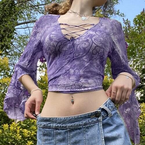 Vintage Women Sexy See Through Y2K Mesh Cardigan T-Shirt Ladies Girls Flare Long Sleeve Button Down Lace E-Girl Crop Tops