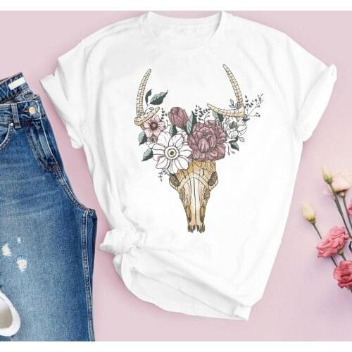 Women Printing Graphic Bull Heifer Skull Floral Fashion Cute Printed Tops Lady Tees Clothing Female T Shirt Womens T-Shirt
