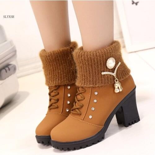 2018 Hot Fashion women high heel half short ankle boots winter snow botas fashion footwear warm heels boot shoes