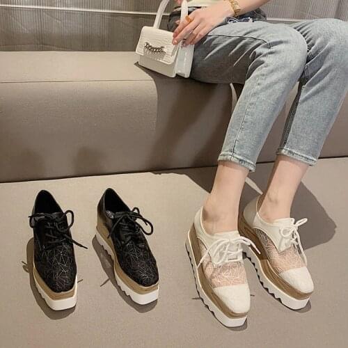 Summer Air mesh flat platform shoes women thicken soled brogue cross-tied wedges loafers flats woman creepers brogue shoes 2021