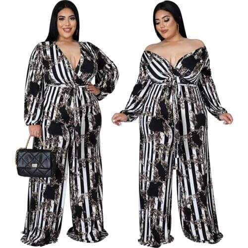 Sexy Outfits for Womens V Collar Print Waistband Temperament Casual Elegant Plus Size Jumpsuit 3xl 4xl Wholesale Dropshipping