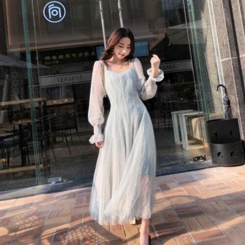 2021 New Early Spring Autumn Women Long Sleeve Tulle Dresses Women Sequined Shiny Mesh Dresses Elegant Mid Long Dress Y507