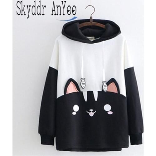 2020 Japanese Kpop Women Hoodies Cute Pullover Sweatshirt Autumn Fashion Harajuku Lolita Black Cat Graphic Kawaii Hooded Clothes