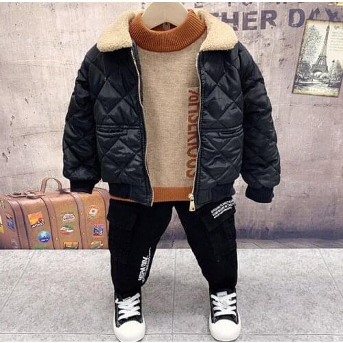 3pcs/Set Baby Boy Clothes Winter Coat + Knit Sweater + Thickened Jeans Kid Sport Suit For Children Clothing Tracksuit 2-6years