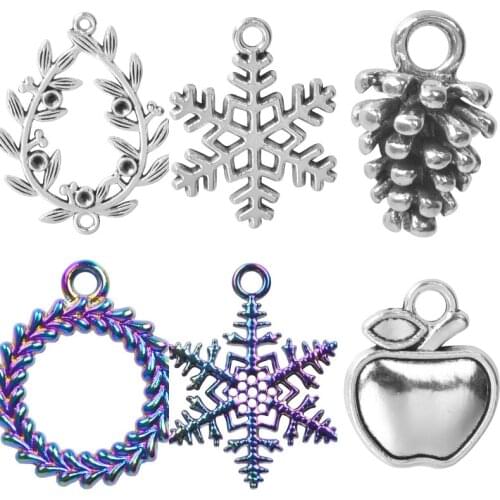 5Pcs Vintage Olive Branch Wreath Snowflower Charms Cute Squirrel Pine Cone Pendant For Necklaces Bracelet Wedding Gift Jewelry