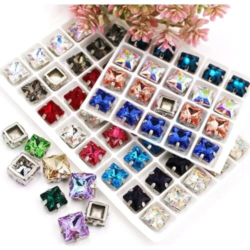 Free Shipping Glass Crystal Square Shape Sliver Claw Setting Rihinestones Sew On Clothing bags wedding dress
