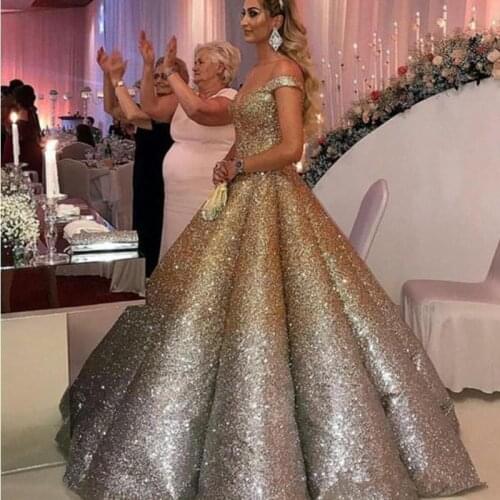 Shiny Golden Silver Evening Formal Dresses 2021 Off Shoulder Puffy Skirt Arabic Kaftan Ball Gown Occasion Prom Gowns Dress