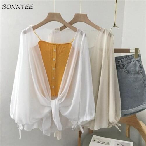 Blouse Women Sexy Ladies Clothes Loose All-match Simple Sun-proof Sheer Fashion Students Summer Hot Korean Style Vintage Ulzzang