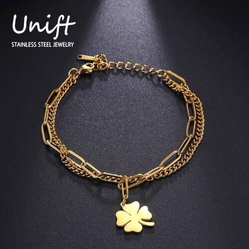 Unift Four-Leaf Clover Bracelets&Bangles Pendant for Women Girls Double Layer Stainless Steel Chain Charm Lucky Jewelry Gift