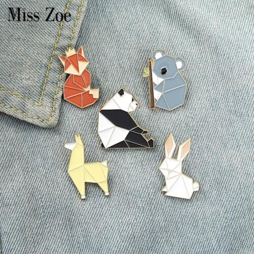 Origami Animal Enamel Pin Custom Fox Panda Koala Alpaca Rabbit Brooch Bag Clothes Lapel Pin Badge Cartoon Jewelry Kid Friend