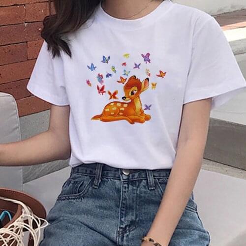 Cute White-tailed Deer Bambi Butterfly Disney T Shirt Women Fashion Harajuku Short Sleeve T Shirt White Tshirt Tops Clothing