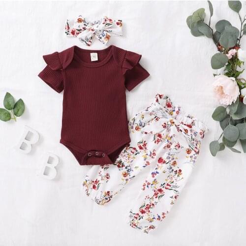 Baby Print Clothing Set 3pcs Set Summer Full Sleeve Infant Baby Girl Clothes Romper Top Flower Pants Headband Outfit 0-18 Months