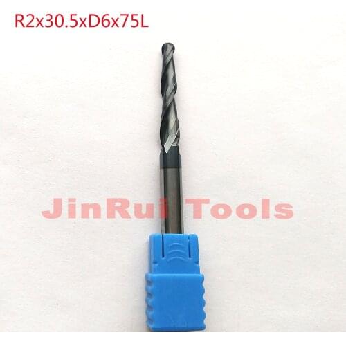 1pc R2*D6*30.5*75L*2F HRC55 Tungsten solid carbide Coated Tapered Ball Nose End Mills CNC milling cutters