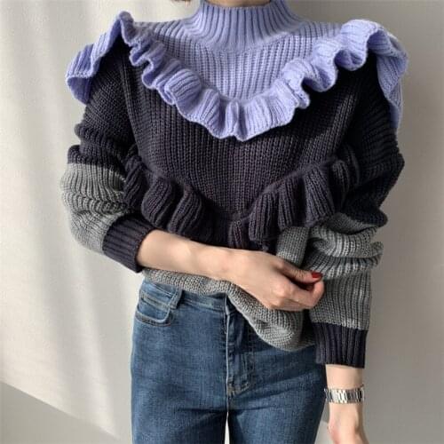2021 Autumn Women Knitted Sweaters Female Pullover Tops All Match Contrast Lantern Sleeves Ruffles Loose Elegant Office Lady