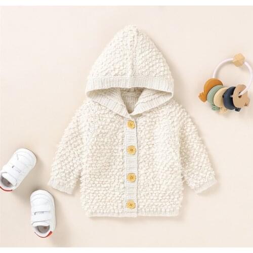 Toddlers Autumn Sweater Fashion Solid Color Hooded Long Sleeve Knitted Button-Open Cardigan for Baby Girls Boys 0-18 Months