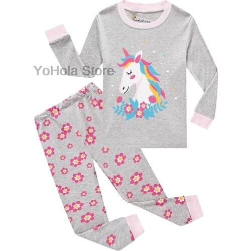 Kid Girls Pajamas Pyjamas Set Autumn Cartoon Rainbow Unicorn Flower Nightwear Pijamas Children Sleepwear Homewear Clothes