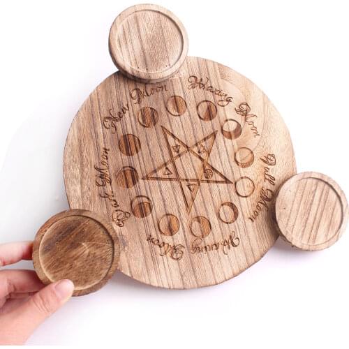 1PC Natural Round Wood Plate Scorched Style Holder Carved Moon phase changes Coaster Base Candlestick Universe Healing Decor