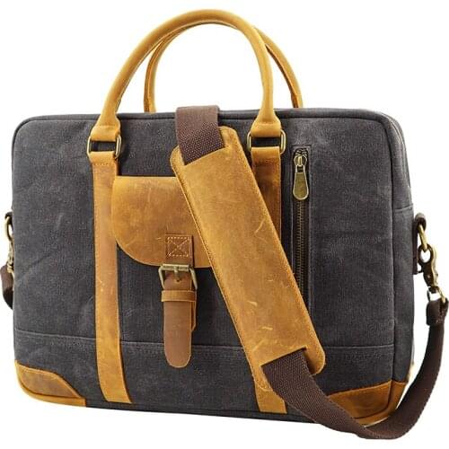 Men Canvas Genuine Leather Shoulder Bag Large Capacity 13inch Laptop Briefcase Bags Documents Messenger Bag Vintage Business bag