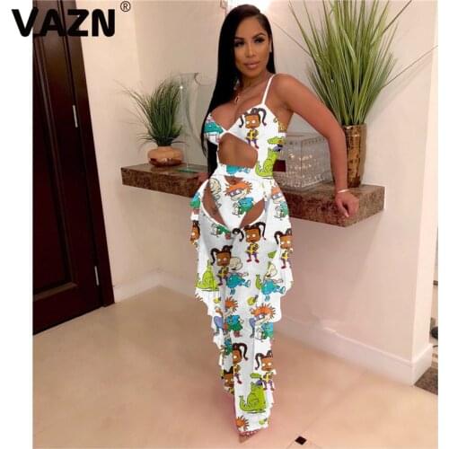 VAZN 2020 Casual Women Robe Sexy Tracksuit Female Summer Matching Sets Sleeveless Party Beach Floral Print Sleeveless Sets