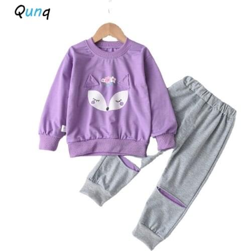 Qunq Girls Clothes 1 2 3 4 5 Year Baby Children Clothing Set Long Sleeve Fox Sweatshirt Pant Two Piece Spring Fall Kids Suits