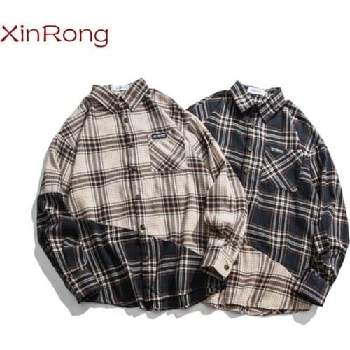 Couple Autumn Plaid Stitching Loose Long-sleeved Shirt Men and Women Retro Harajuku 2021 New Daily Denim Wild Trend Youth Shirt