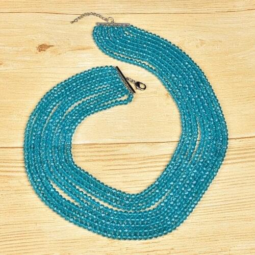 Blue multi-layer round cutting Synthesis pearl and Glass Crystal gem necklace, can bring you as easy as the sea