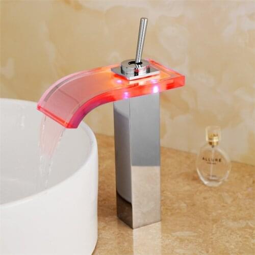 2018 New Robinet Salle De Bain Baralho Torneira Finish Bathroom Waterfall Led Faucet Glass Basin Mixer Tap Deck Mounted Sink