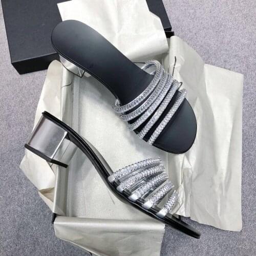 Med Heels Slippers Women Summer Mules Shoes Slingback Beach Sandalias Mujer European Rhinestones Chunky High Heel Ladies Slides