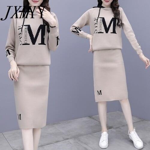 JXMYY Sweater Suit Skirt Women Autumn And Winter 2021 New Western Style Over-The-Knee Skirt Suit Fashion Knitted Two-Piece Suit