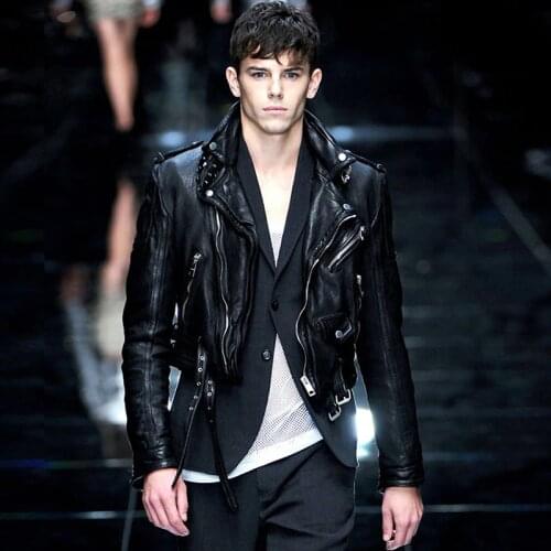 YR!Free shipping.quality tanned sheepskin clothes.Brand classic motor biker leather jacket,mens short genuine leather coat