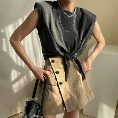All-match Round Neck Cross Tie T-shirt + High Waist Design And Bevel Single-breasted Skirt Women Fashion Summer 2021 Z488