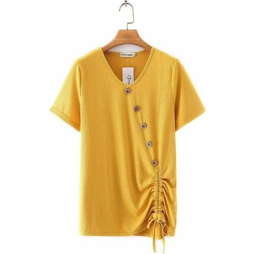 Plus size button Drawstring solid color women Tshirts 2021 Summer V-Neck ladies tees female t shirt short sleeve t-shirts top