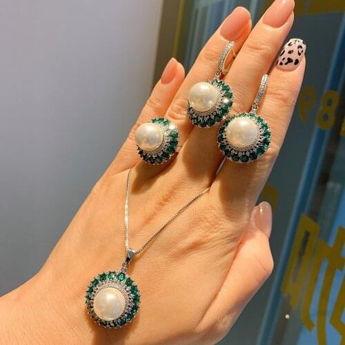 Vintage Luxury 925 Sterling Silver 12mm White Big Pearl Emerald Gemstone Necklace Ring Earrings For Women Wedding Jewelry Sets