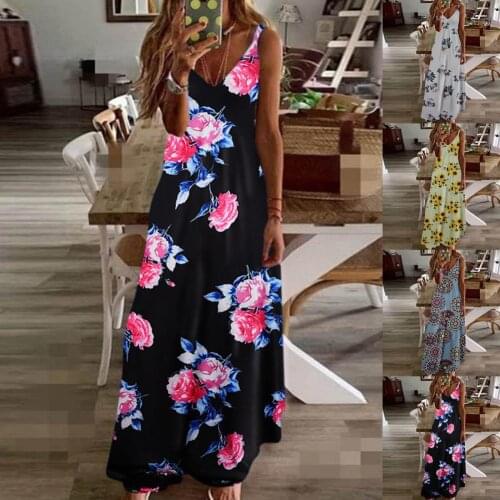 Summer Dress Women Dress V Neck Polyester Plus Size Sleeveless Summer Flower Printed Slip Dress Maxi Dress Vestidos Robe Femme