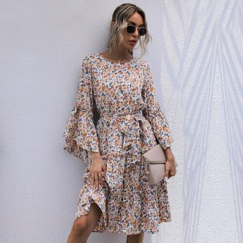 Spring Autumn Fashion Women Floral Chiffon Dress O-Neck Long Sleeve Elegant Office School Woman Dresses sashes vestidos