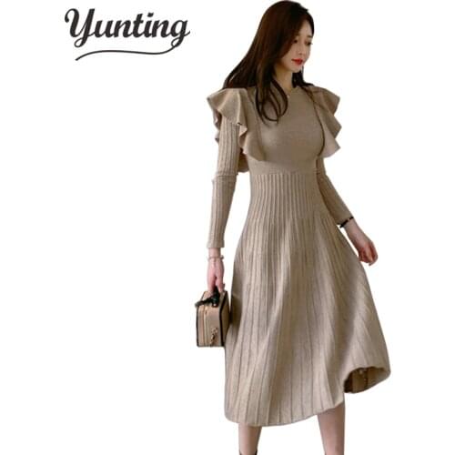 2021 Women Knit Sweet Midi Dresses Elegant Korean Fashion A Line Girl Autumn Casual Chic Sweater Dress