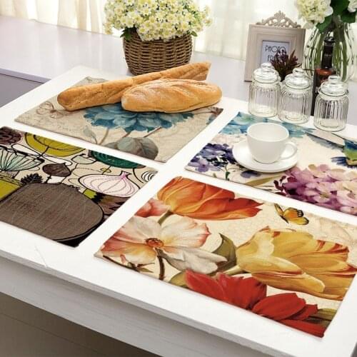 1Pcs Flower Pattern Kitchen Placemat Dining Table Mat Drink Coaster Cotton Linen Pads Bowl Cup Mats 42*32cm Home Decor MP0017