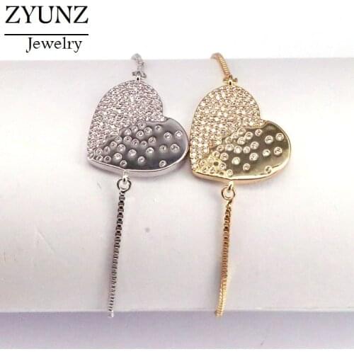 10PCS, Pave Setting Cubic Zirconia CZ Crystal Heart Shape Adjustable Bracelet for Women