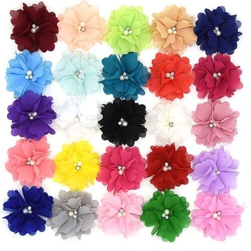 35 pcs/ lot ,7.5CM NEW chiffon flower with pearl rhinestone for hair accessories headwear headband DIY