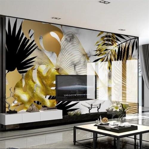 Wellyu Customized large wall painter Nordic hand drawn tropical plants golden leaves abstract curve jazz white TV background