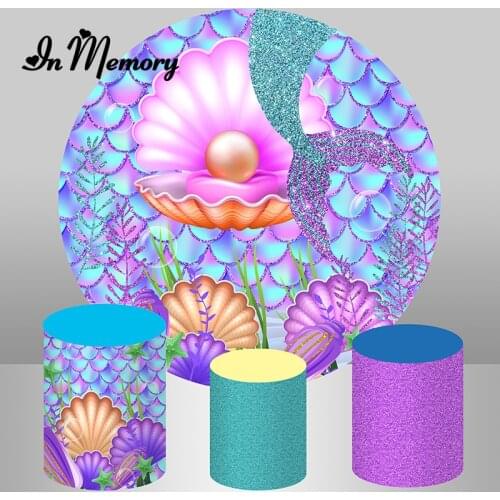 Round Circle Mermaid Party Backdrop Purple Glitter Mussel Princess Girls Birthday Newborn Baby Shower Photography Background
