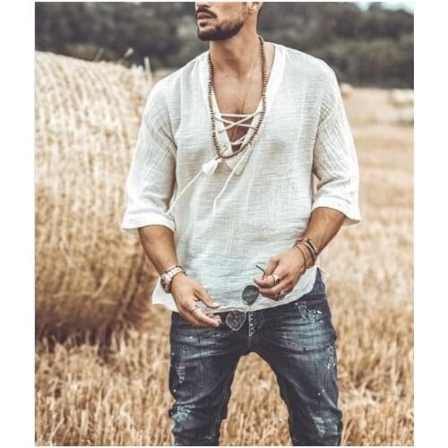 T Shirts Casual Solid Color Linen Tshirt Tops S-4Xl 2021 New Mens Hollow Out Linen T Shirt Male Sexy Deep V Neck Bandage